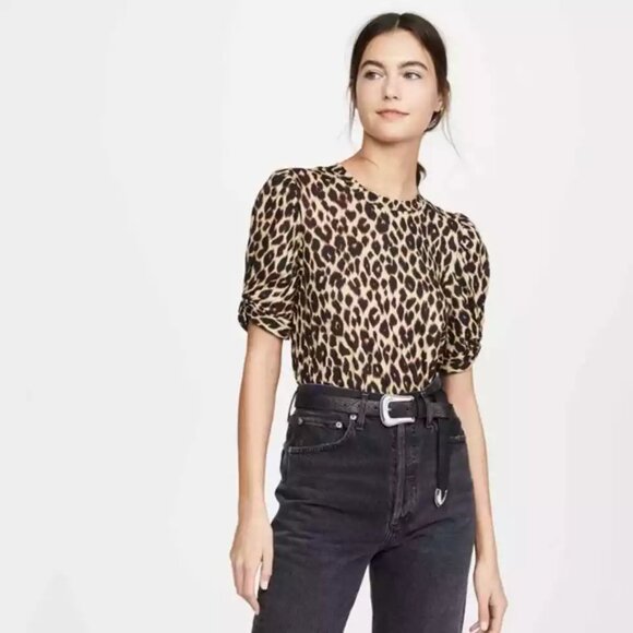 A.L.C. Kati Leopard Tee Size XS Animal Print Short Ruched  Sleeve Top Cotton - Picture 1 of 4